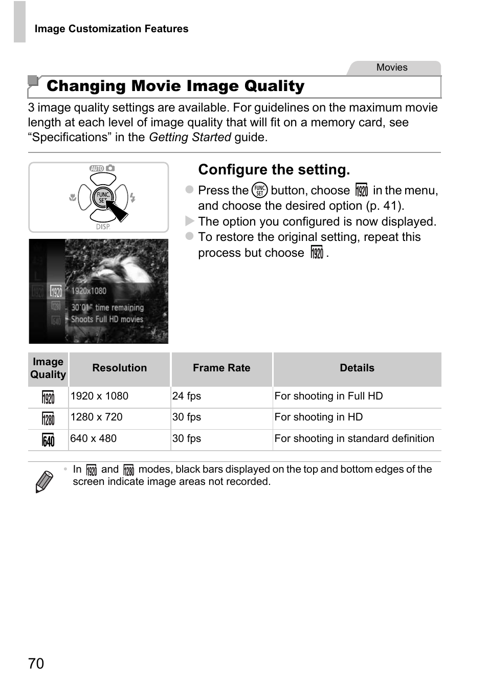 Changing movie image quality, Configure the setting | Canon D20 User Manual | Page 70 / 218