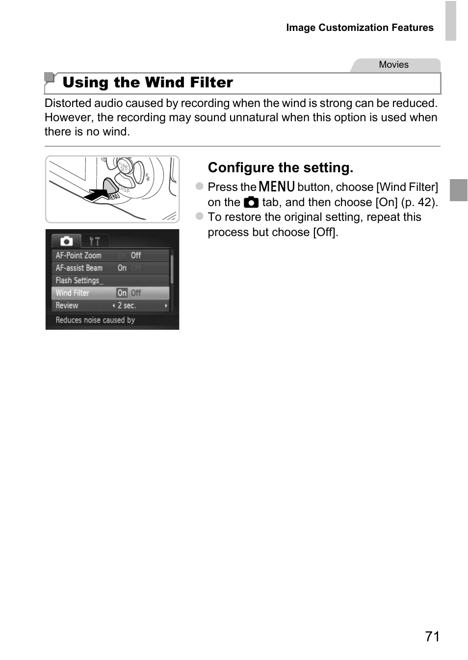 Using the wind filter, Configure the setting | Canon D20 User Manual | Page 71 / 218