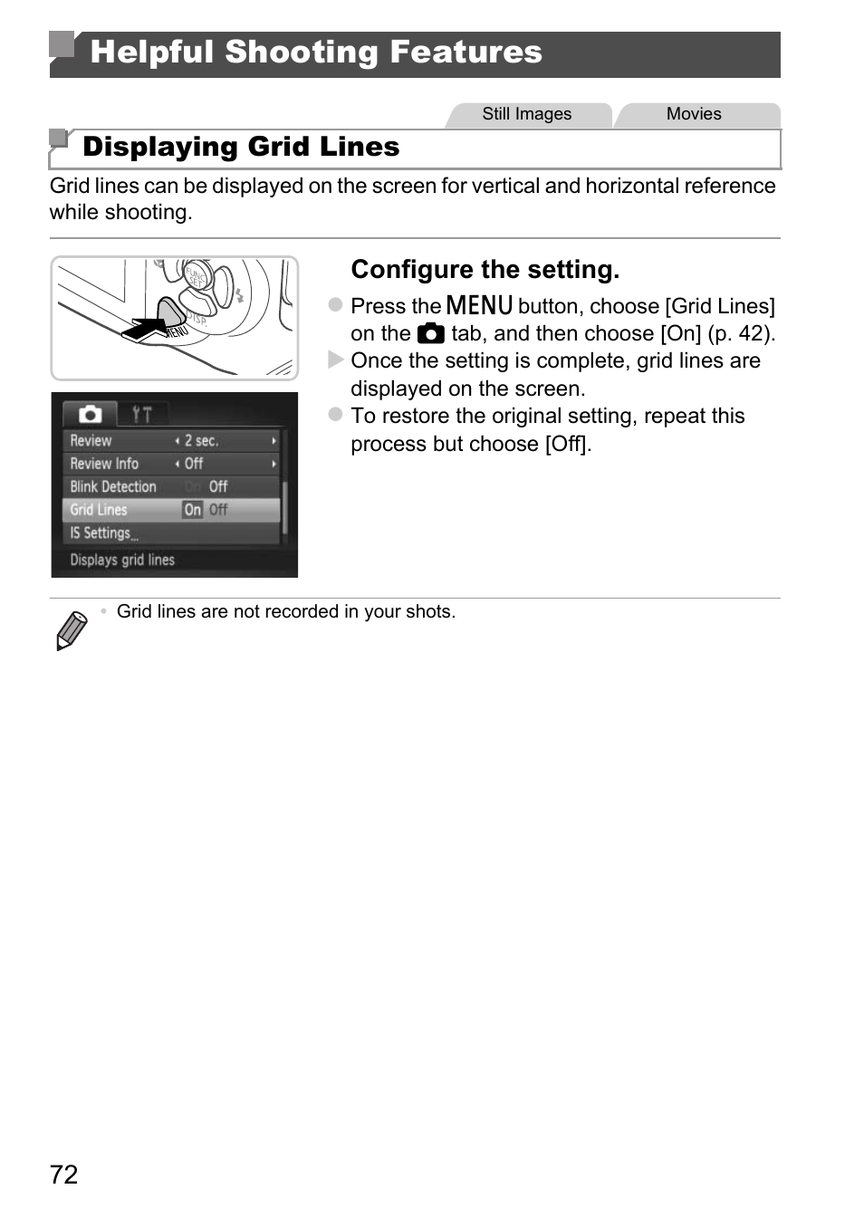 Helpful shooting features, Displaying grid lines, Configure the setting | Canon D20 User Manual | Page 72 / 218