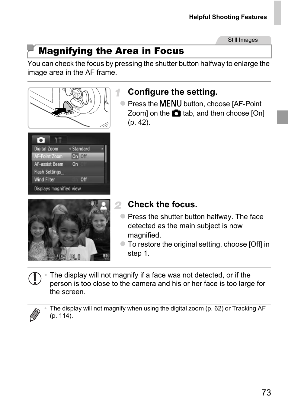 Magnifying the area in focus, Configure the setting, Check the focus | Canon D20 User Manual | Page 73 / 218