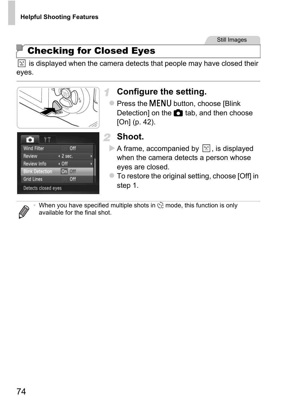 Checking for closed eyes, Configure the setting, Shoot | Canon D20 User Manual | Page 74 / 218