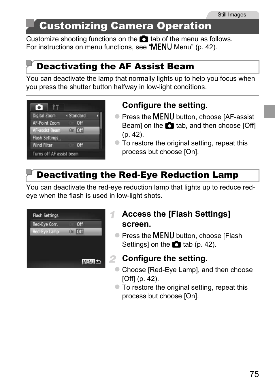 Customizing camera operation, Deactivating the af assist beam, Deactivating the red-eye reduction lamp | Canon D20 User Manual | Page 75 / 218