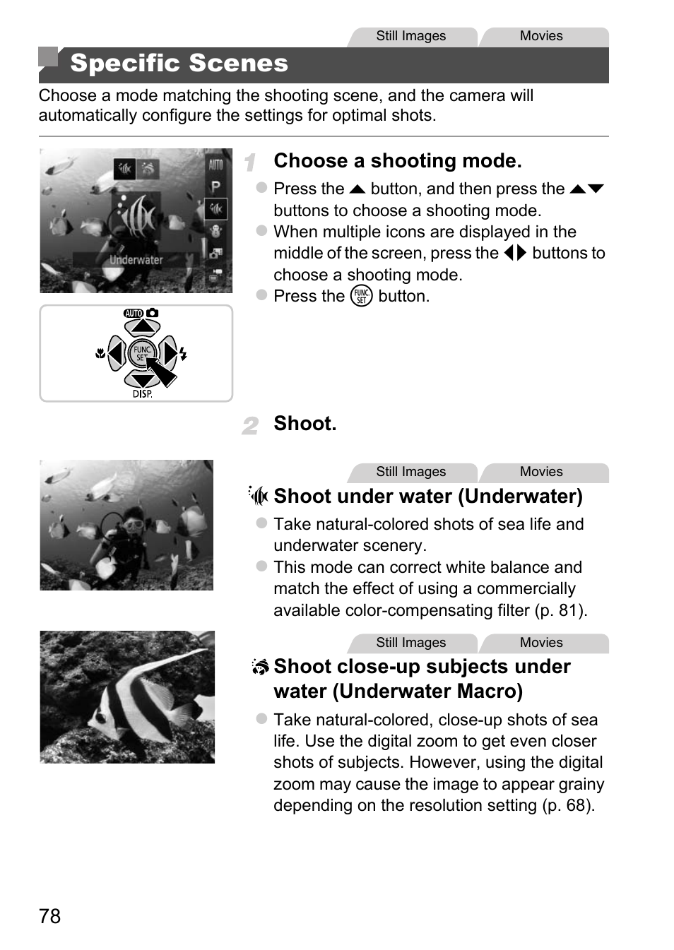 Specific scenes, P. 78), Choose a shooting mode | Shoot. s shoot under water (underwater) | Canon D20 User Manual | Page 78 / 218