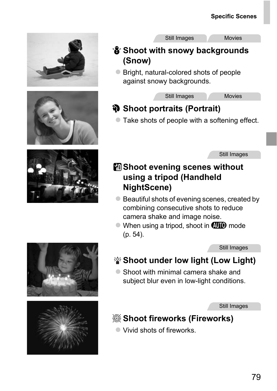 P. 79), 79 p shoot with snowy backgrounds (snow), I shoot portraits (portrait) | Shoot under low light (low light), T shoot fireworks (fireworks) | Canon D20 User Manual | Page 79 / 218