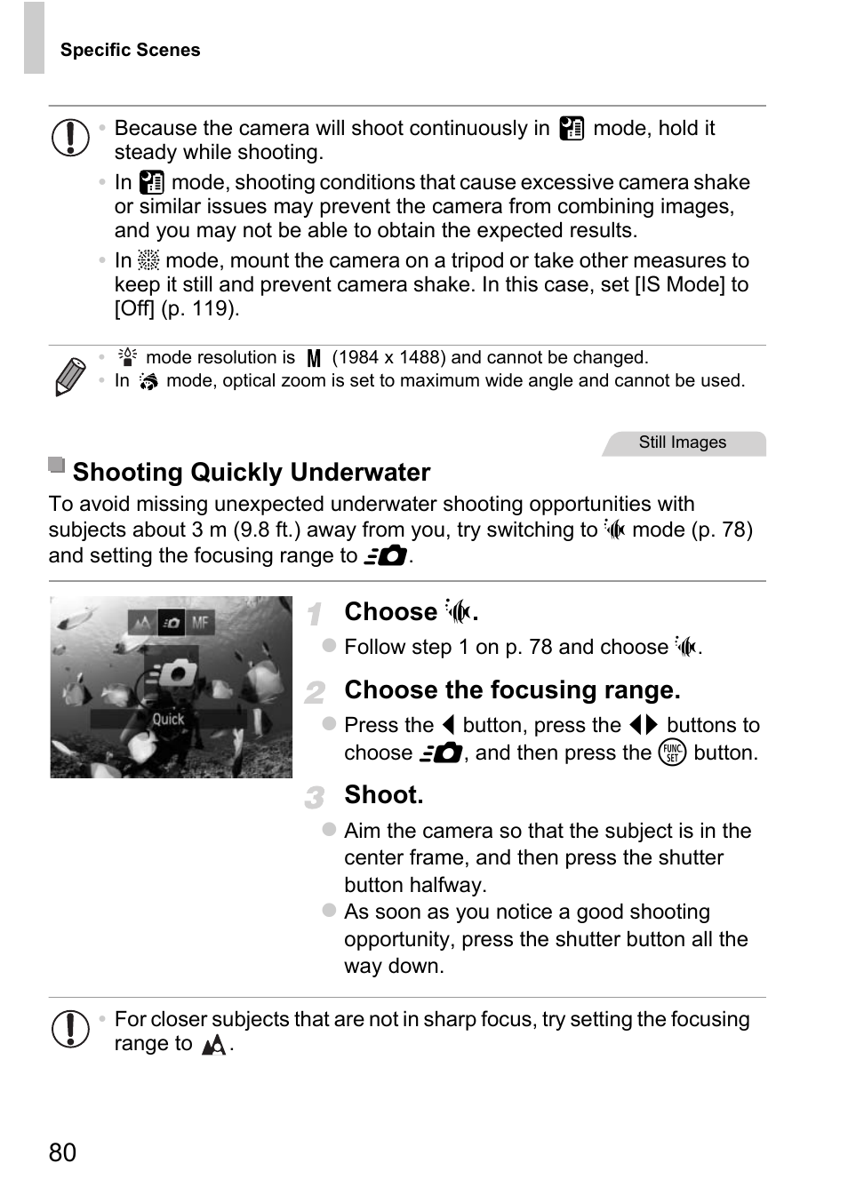 Choose s, Choose the focusing range, Shoot | Shooting quickly underwater | Canon D20 User Manual | Page 80 / 218