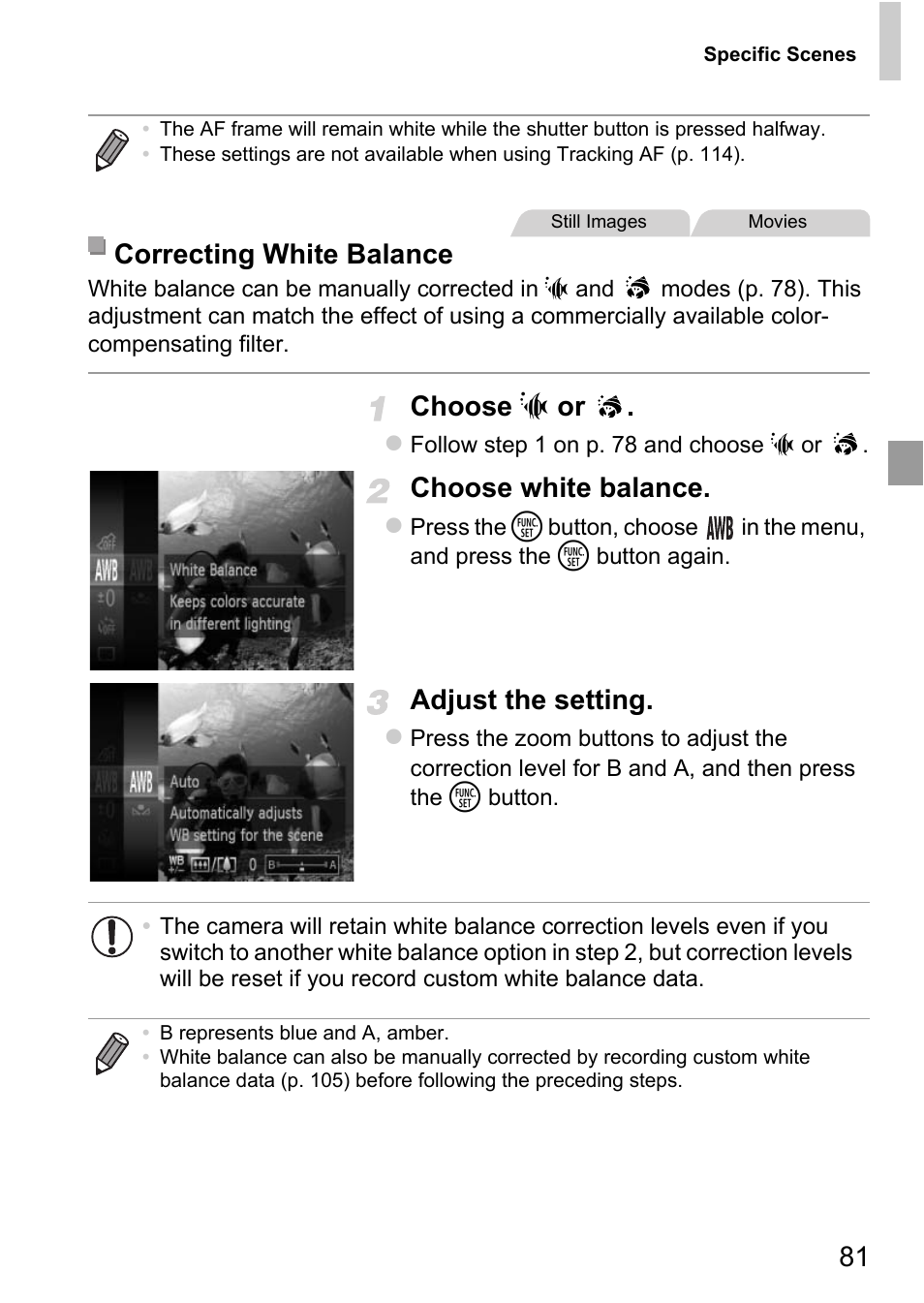 Choose s or, Choose white balance, Adjust the setting | Correcting white balance | Canon D20 User Manual | Page 81 / 218