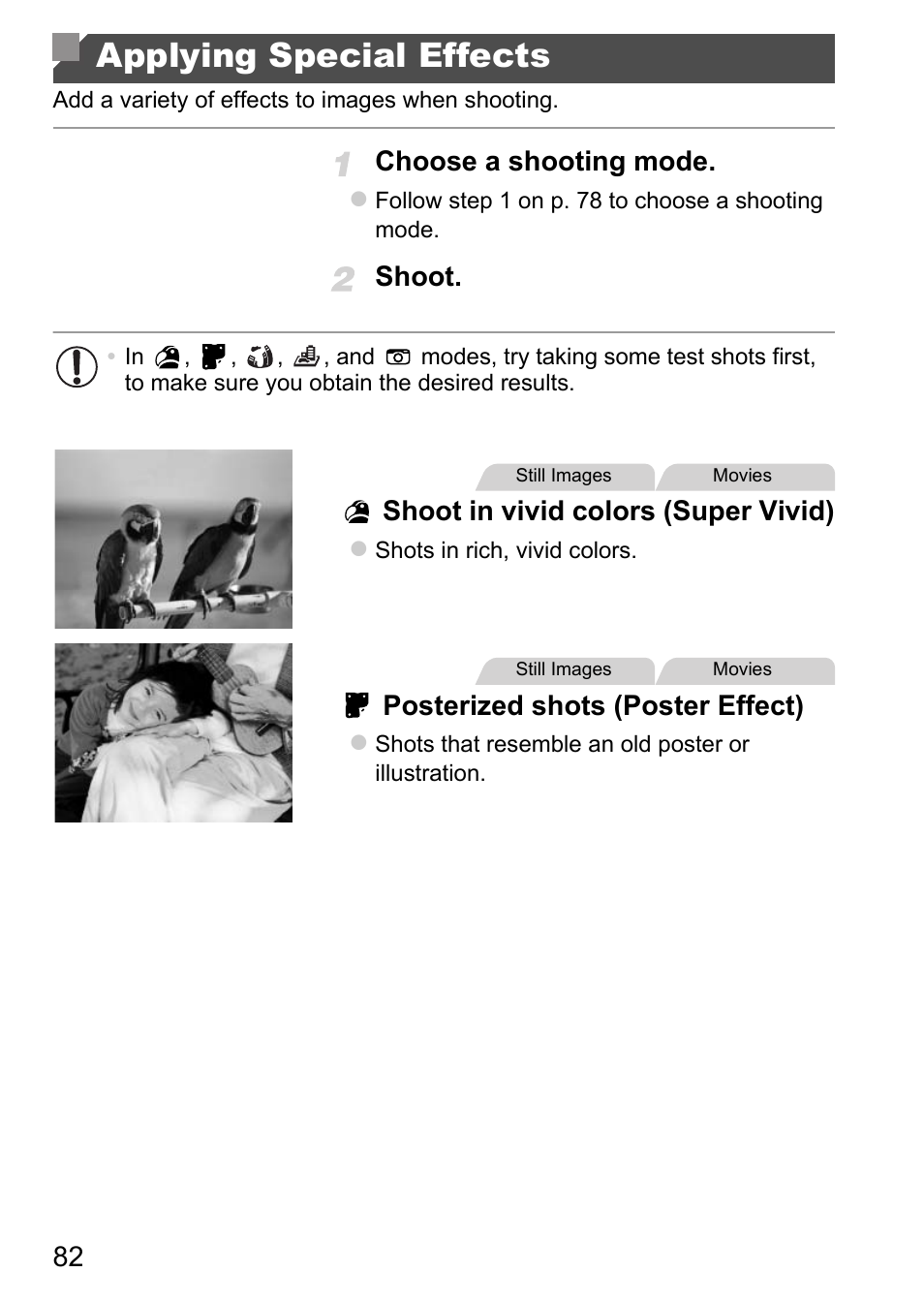 Applying special effects, P. 82), Choose a shooting mode | Shoot. shoot in vivid colors (super vivid), Posterized shots (poster effect) | Canon D20 User Manual | Page 82 / 218