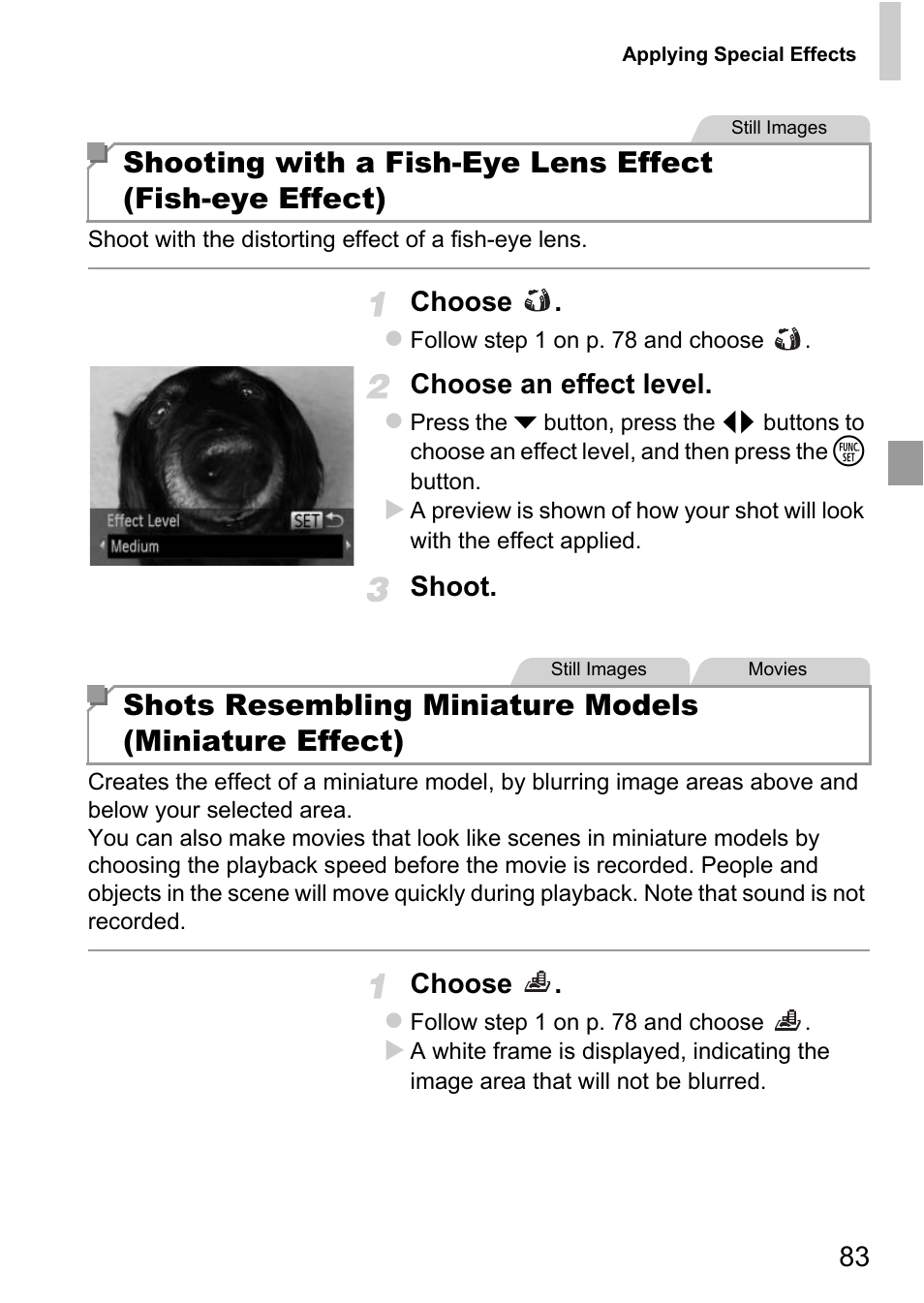 P. 83), Choose, Choose an effect level | Shoot | Canon D20 User Manual | Page 83 / 218