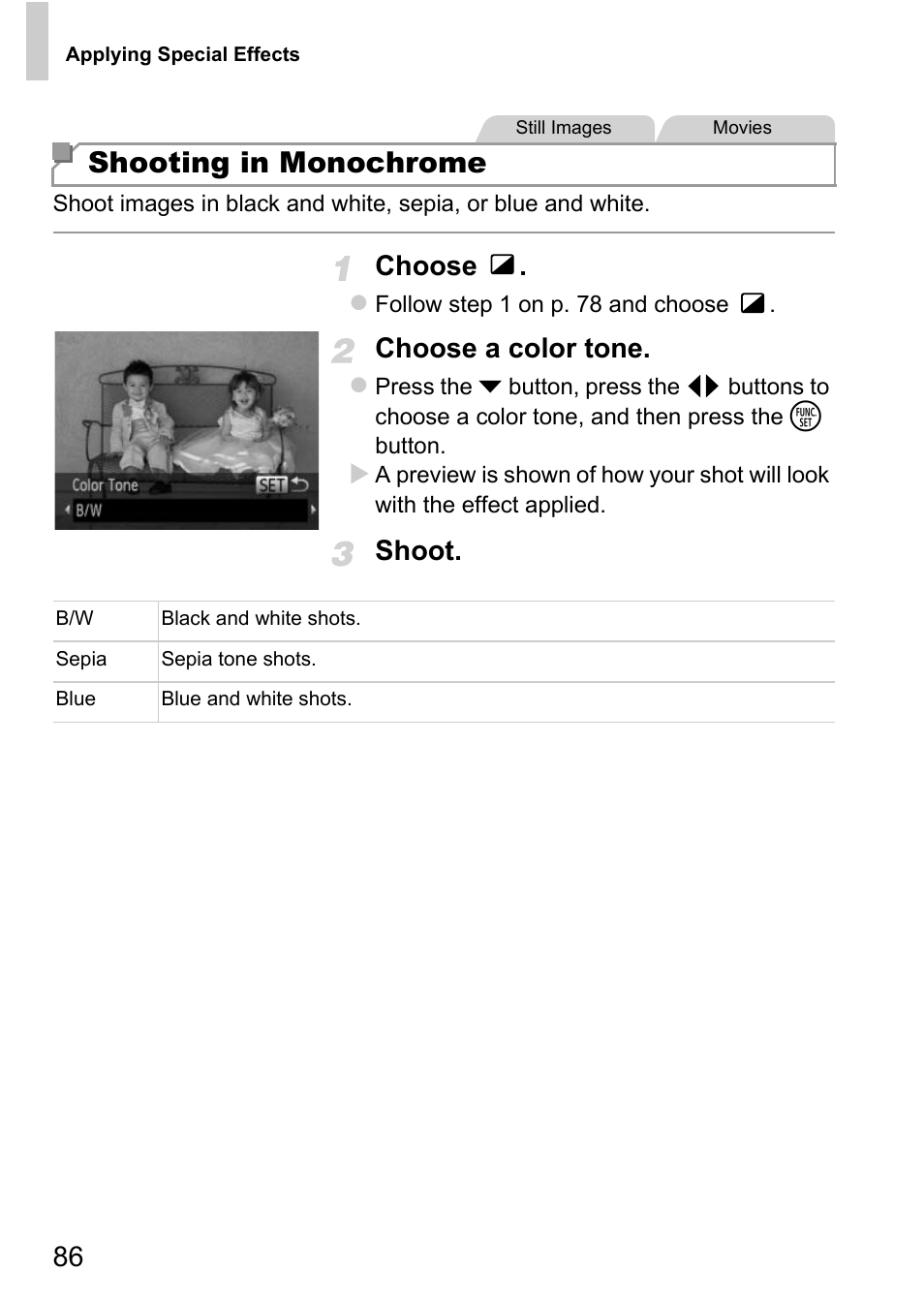 P. 86), Shooting in monochrome, Choose | Choose a color tone, Shoot | Canon D20 User Manual | Page 86 / 218