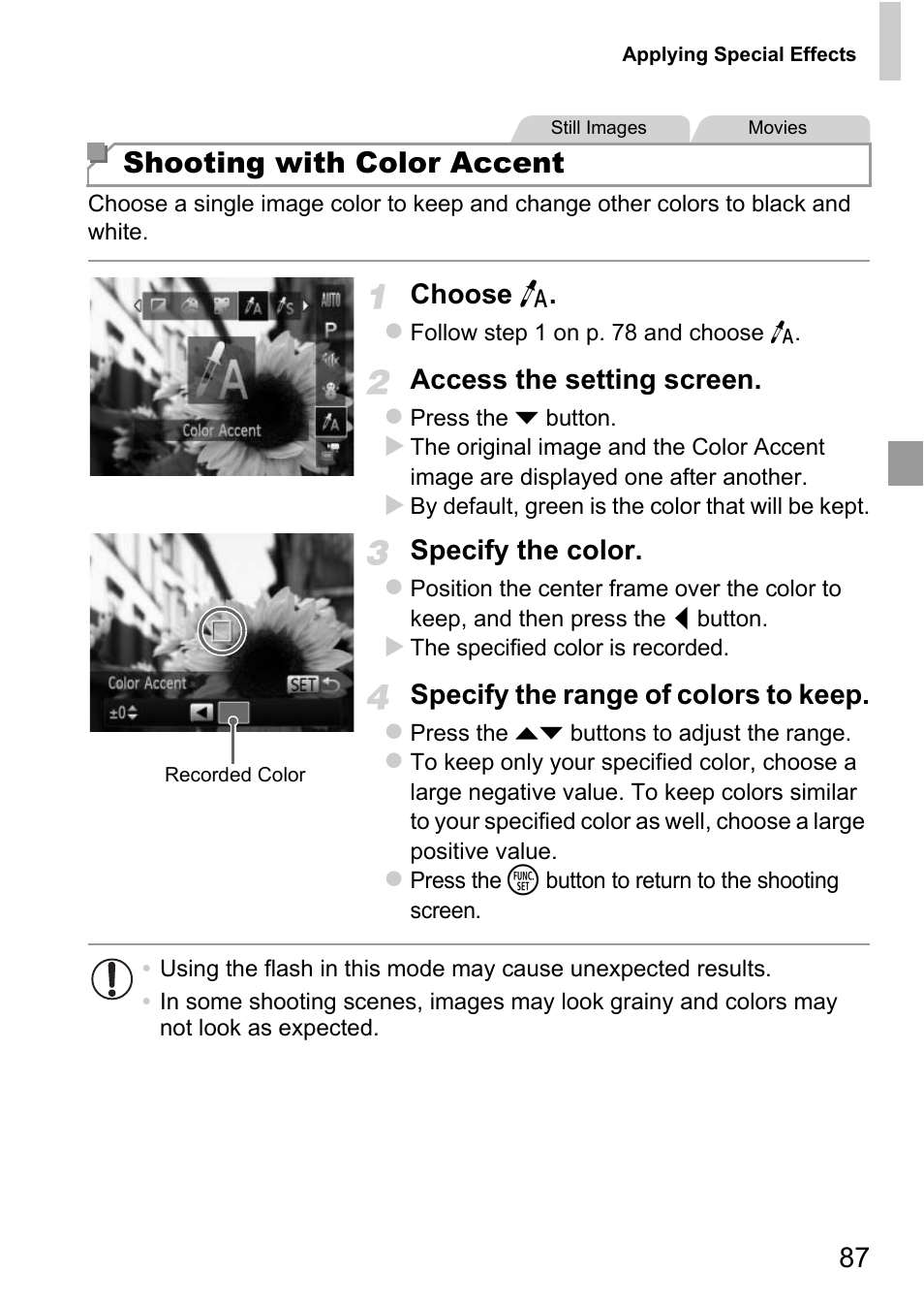 Shooting with color accent, Choose t, Access the setting screen | Specify the color, Specify the range of colors to keep | Canon D20 User Manual | Page 87 / 218