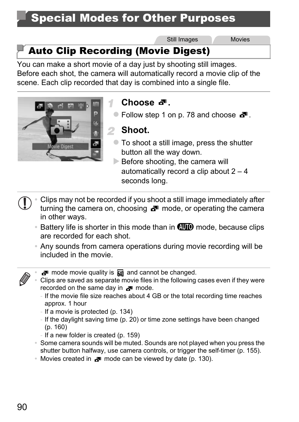 Special modes for other, Purposes, Vie digest (p. 90) | Special modes for other purposes, Auto clip recording (movie digest), Choose, Shoot | Canon D20 User Manual | Page 90 / 218