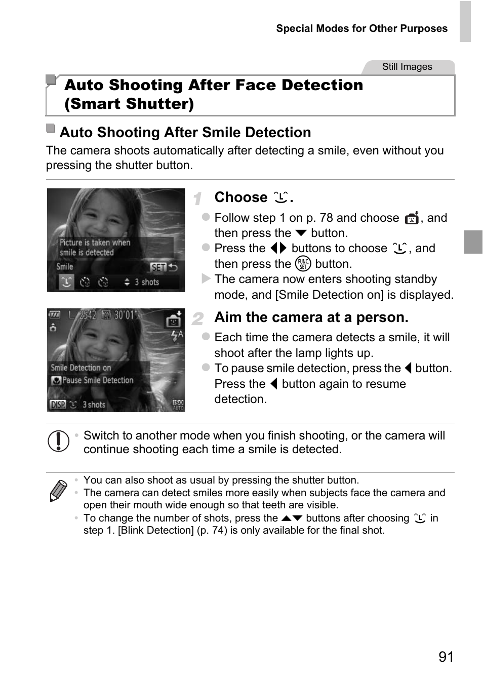 Auto shooting after face detection (smart shutter), Choose, Aim the camera at a person | Auto shooting after smile detection | Canon D20 User Manual | Page 91 / 218