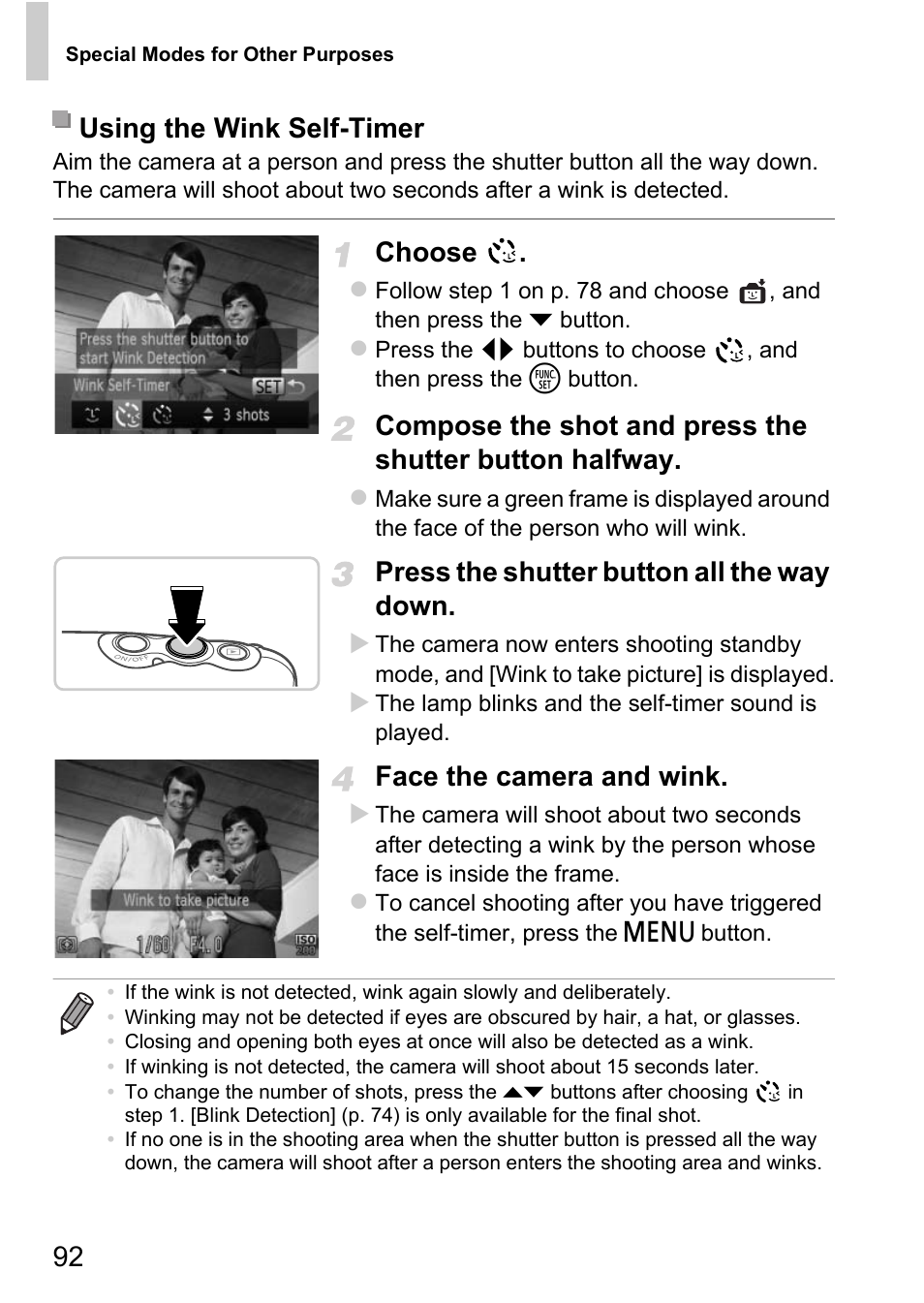 Choose, Press the shutter button all the way down, Face the camera and wink | Using the wink self-timer | Canon D20 User Manual | Page 92 / 218