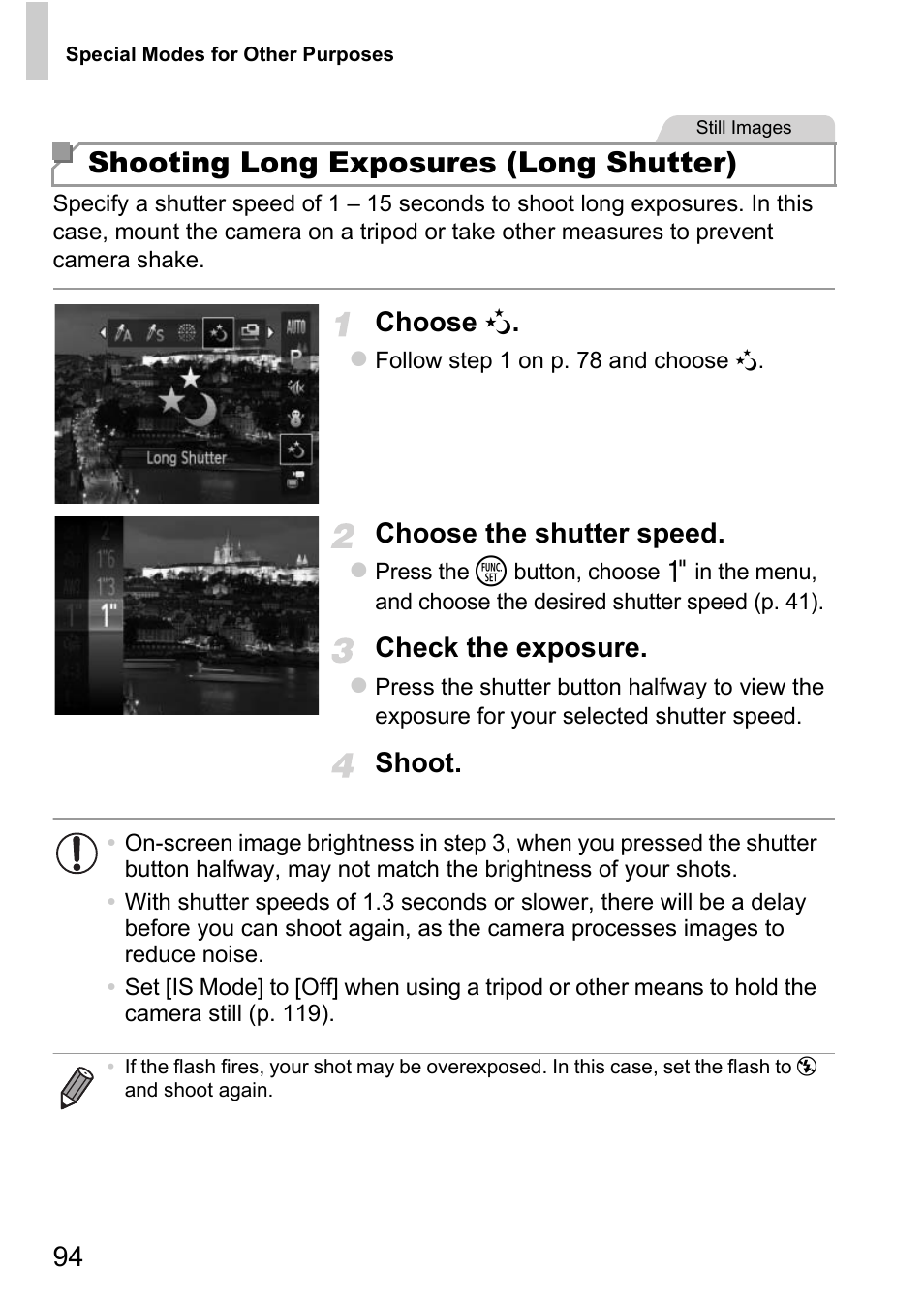 Es (p. 94), or log, Shooting long exposures (long shutter), Choose n | Choose the shutter speed, Check the exposure, Shoot | Canon D20 User Manual | Page 94 / 218