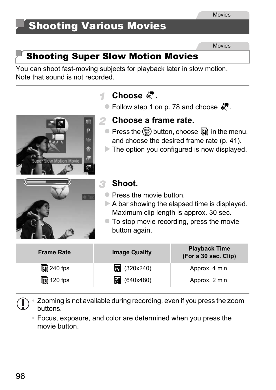 Shooting various movies, Shooting super slow motion movies, Choose | Choose a frame rate, Shoot | Canon D20 User Manual | Page 96 / 218