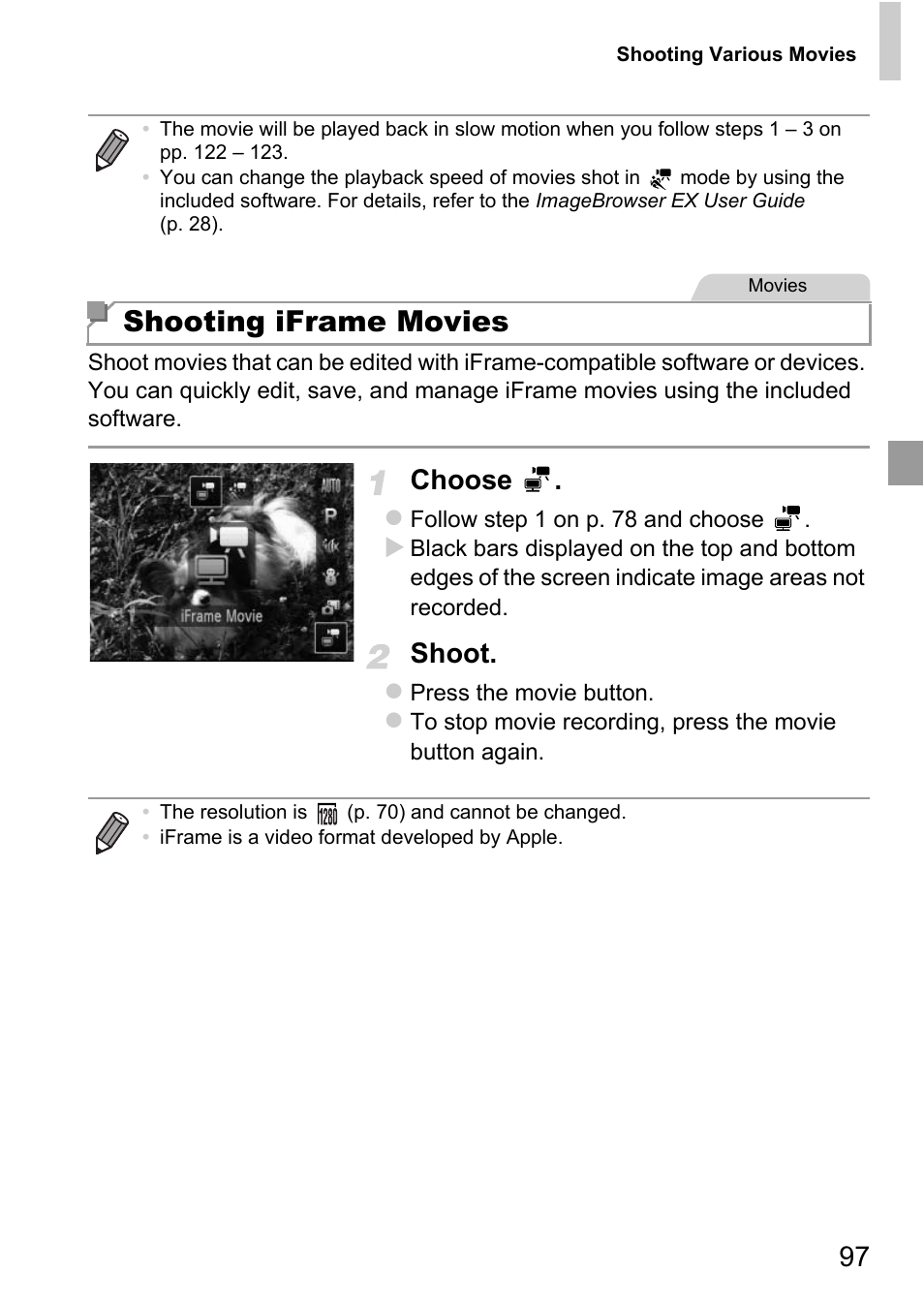 Shooting iframe movies, Choose, Shoot | Canon D20 User Manual | Page 97 / 218