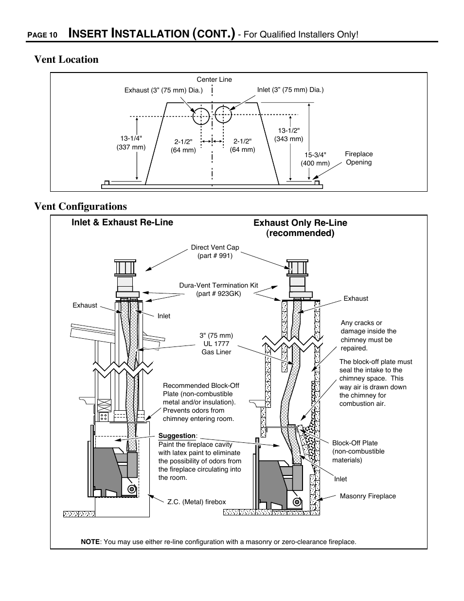 Vent location, Vent configurations, Nsert | Nstallation, Cont | Avalon Firestyles DVS Insert-1996 to 2000 User Manual | Page 10 / 36