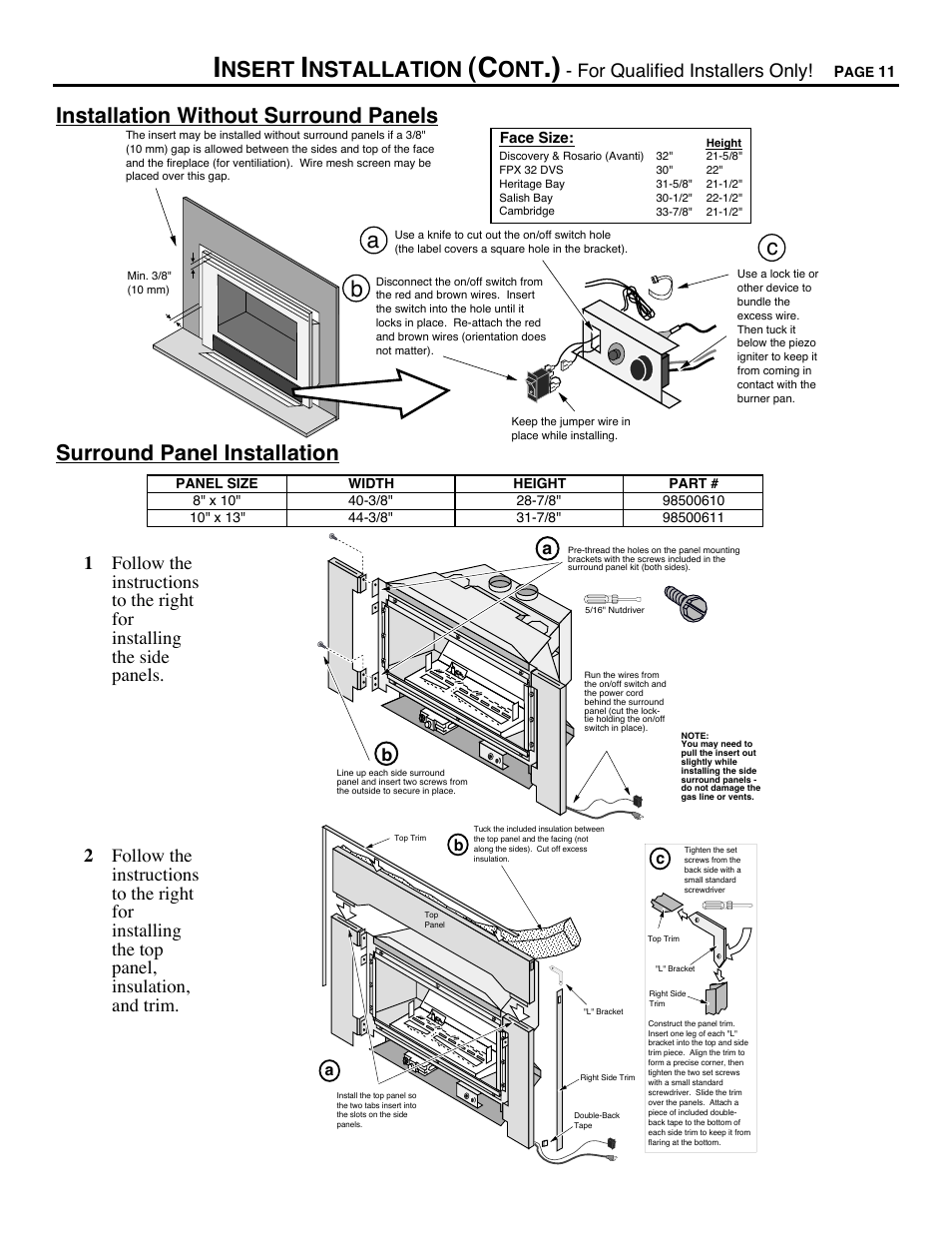 Installation without surround panels, Surround panel installation, Ab c | Nsert, Nstallation, For qualified installers only | Avalon Firestyles DVS Insert-1996 to 2000 User Manual | Page 11 / 36