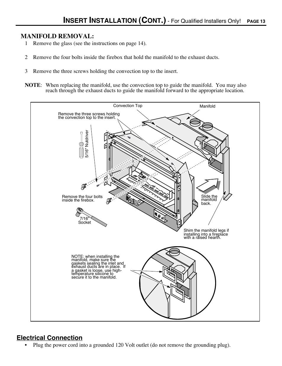 Nsert, Nstallation, Manifold removal | Electrical connection | Avalon Firestyles DVS Insert-1996 to 2000 User Manual | Page 13 / 36