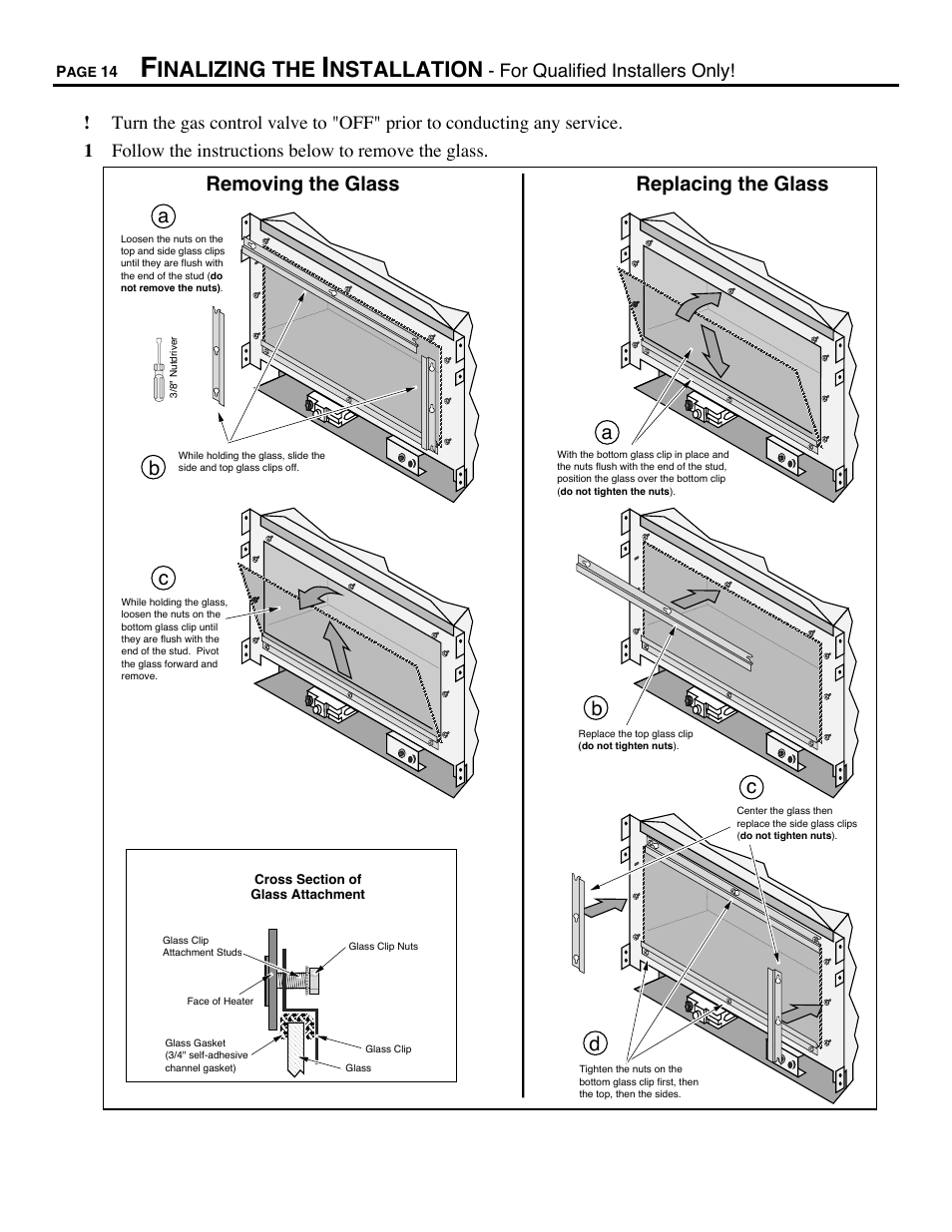 Finalizing the installation, Removing the glass, Inalizing the | Nstallation, Creplacing the glass, Ab c d | Avalon Firestyles DVS Insert-1996 to 2000 User Manual | Page 14 / 36