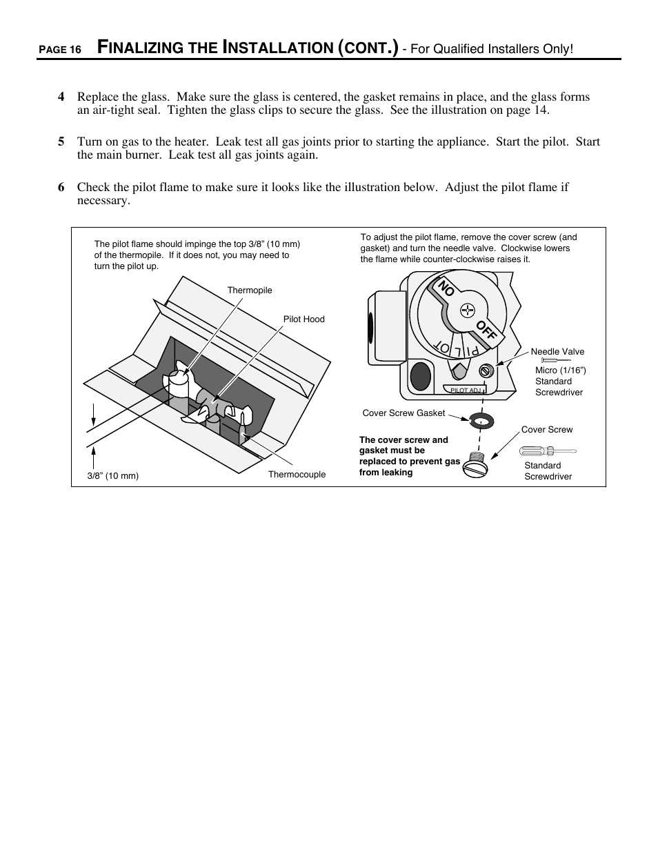 Pilot flame inspection, Inalizing the, Nstallation | Cont | Avalon Firestyles DVS Insert-1996 to 2000 User Manual | Page 16 / 36
