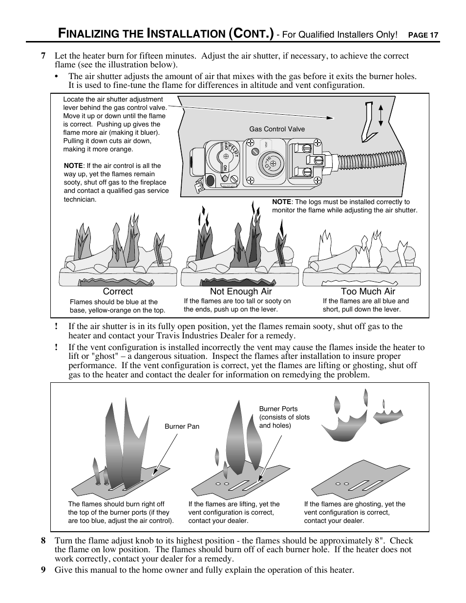 Air shutter adjustment, Inalizing the, Nstallation | Avalon Firestyles DVS Insert-1996 to 2000 User Manual | Page 17 / 36