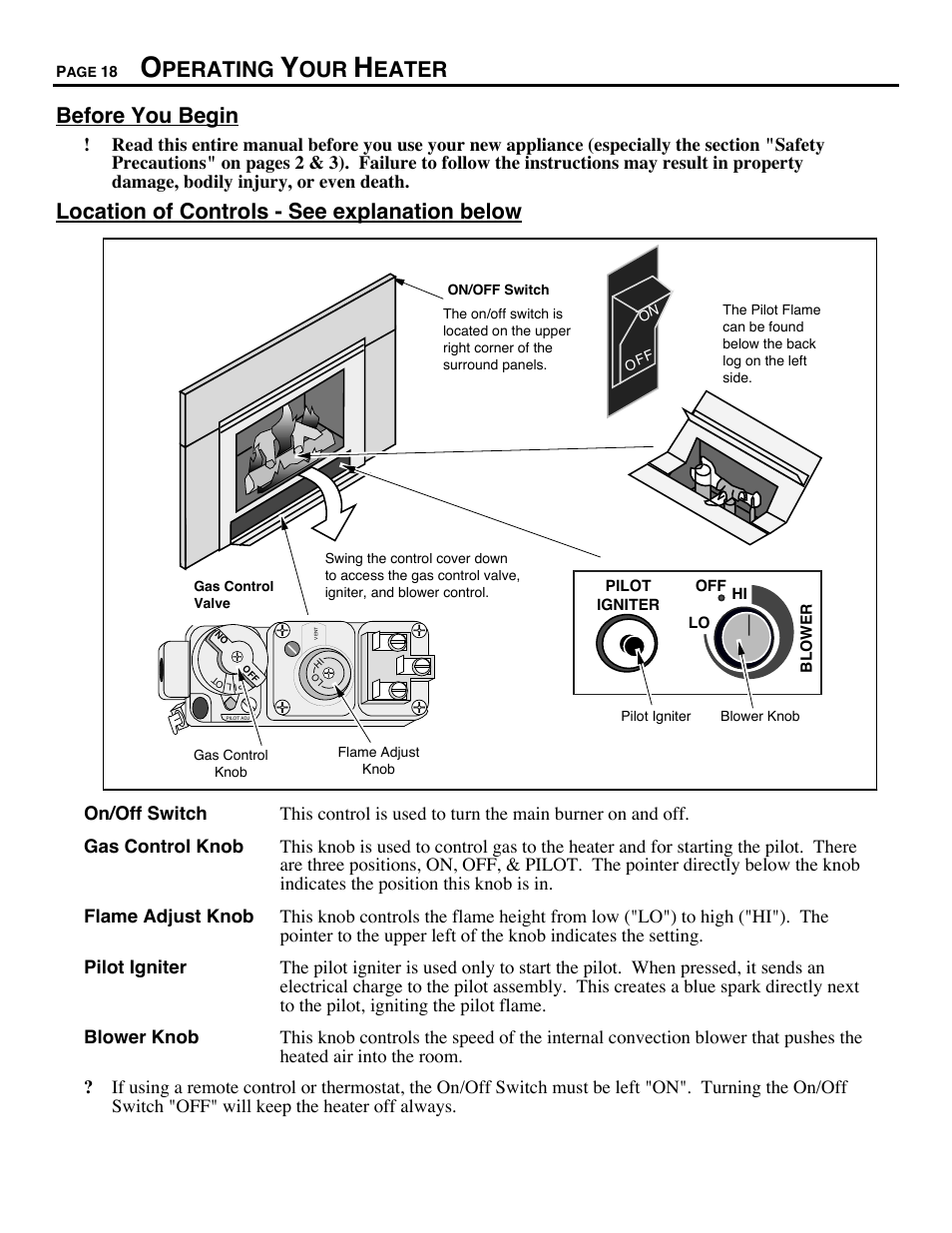 Operating your heater, Before you begin, Location of controls | Perating, Eater before you begin, Location of controls - see explanation below | Avalon Firestyles DVS Insert-1996 to 2000 User Manual | Page 18 / 36