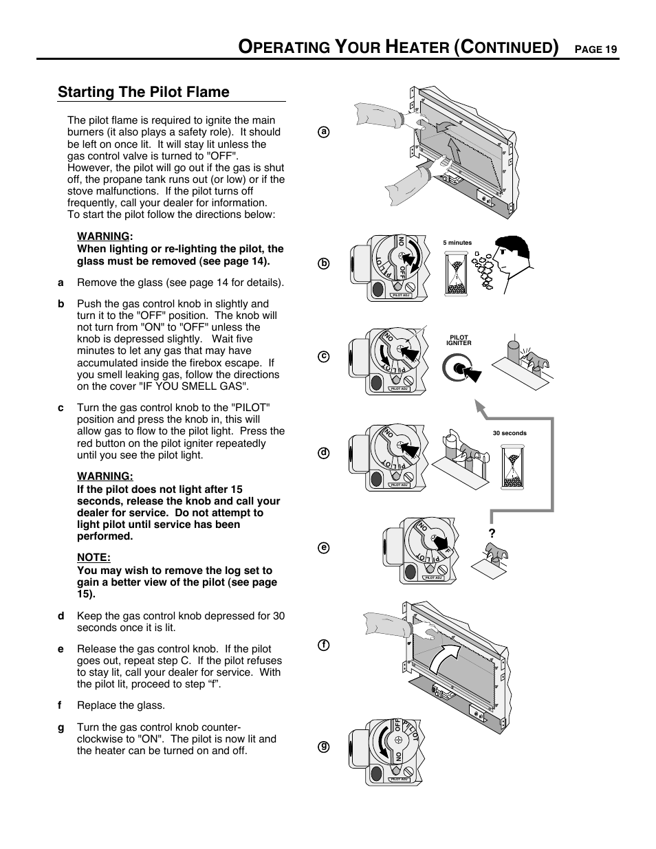 Starting the pilot flame, Perating, Eater | Ontinued | Avalon Firestyles DVS Insert-1996 to 2000 User Manual | Page 19 / 36