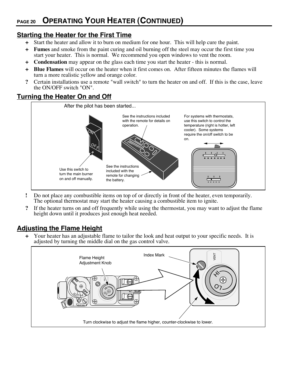 Starting the heater for the first time, Turning the heater on and off, Adjusting the flame height | Perating, Eater, Ontinued | Avalon Firestyles DVS Insert-1996 to 2000 User Manual | Page 20 / 36