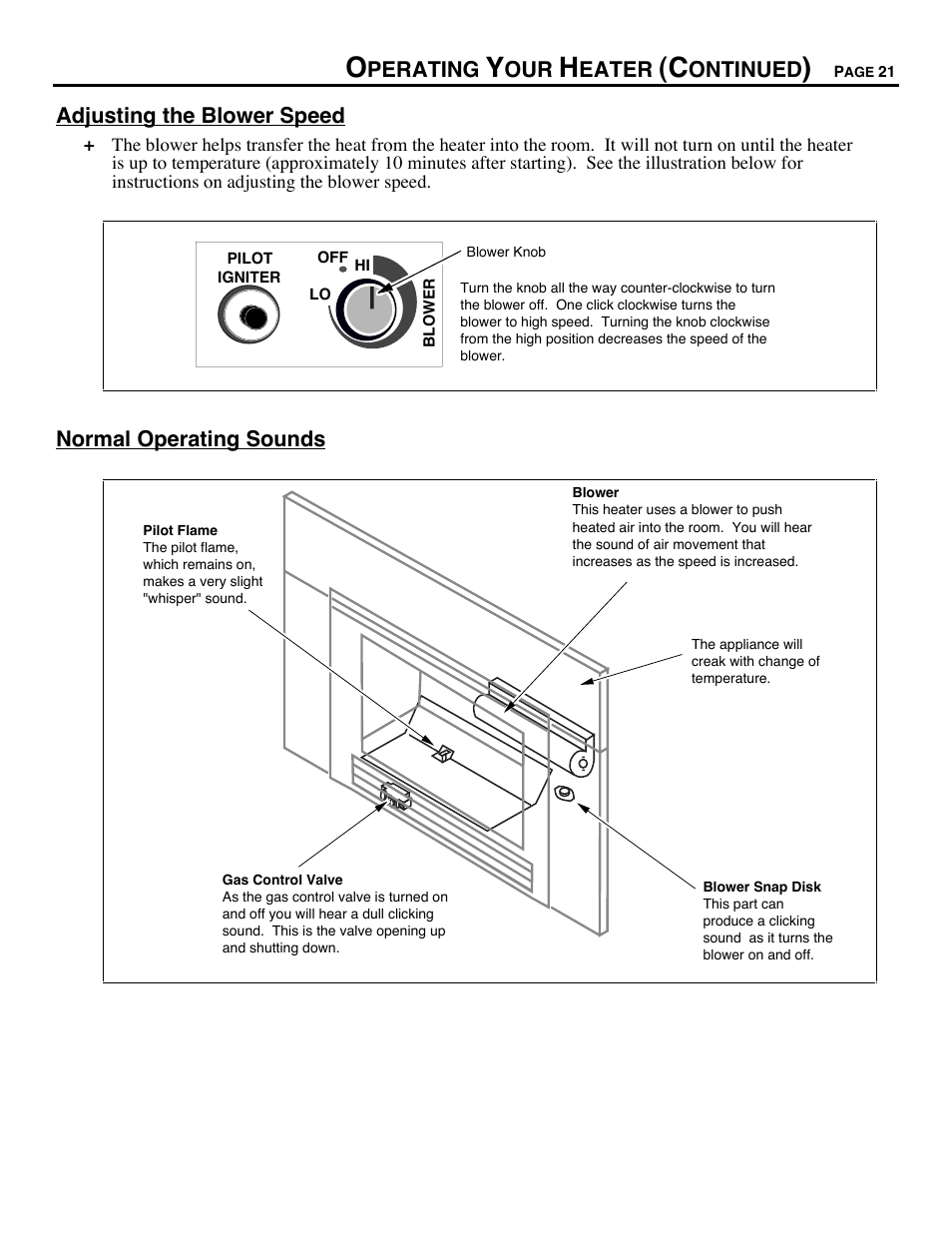 Adjusting the blower speed, Normal operating sounds | Avalon Firestyles DVS Insert-1996 to 2000 User Manual | Page 21 / 36