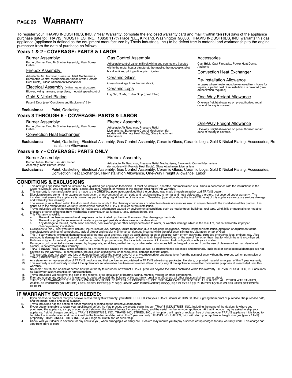 Warranty, Arranty, Years 1 & 2 - coverage: parts & labor | Years 3 through 5 - coverage: parts & labor, Years 6 & 7 - coverage: parts only, Conditions & exclusions, If warranty service is needed | Avalon Firestyles DVS Insert-1996 to 2000 User Manual | Page 26 / 36