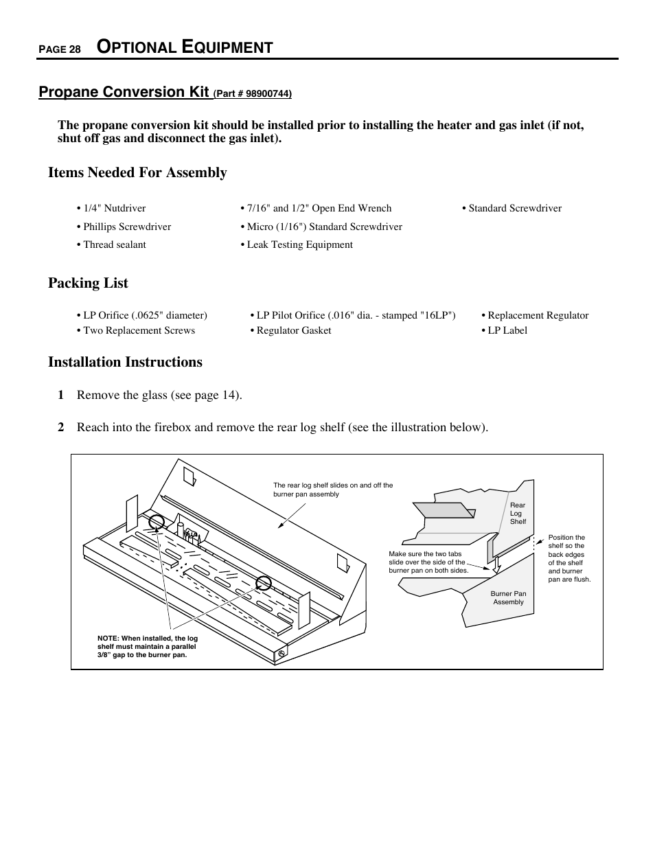 Optional equipment, Propane conversion, Ptional | Quipment propane conversion kit, Items needed for assembly, Packing list, Installation instructions | Avalon Firestyles DVS Insert-1996 to 2000 User Manual | Page 28 / 36