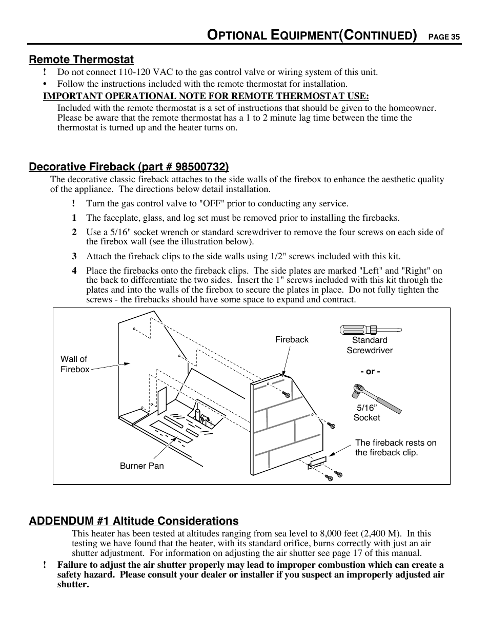 Remote thermostat, Decorative fireback, Altitude considerations | Avalon Firestyles DVS Insert-1996 to 2000 User Manual | Page 35 / 36