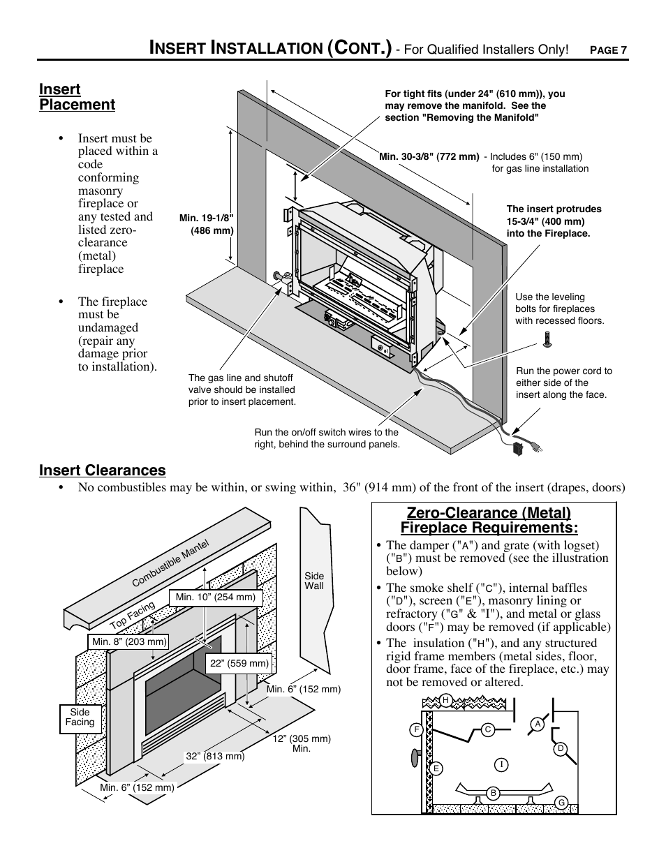 Insert placement, Insert clearances, Nsert | Nstallation, Zero-clearance (metal) fireplace requirements | Avalon Firestyles DVS Insert-1996 to 2000 User Manual | Page 7 / 36