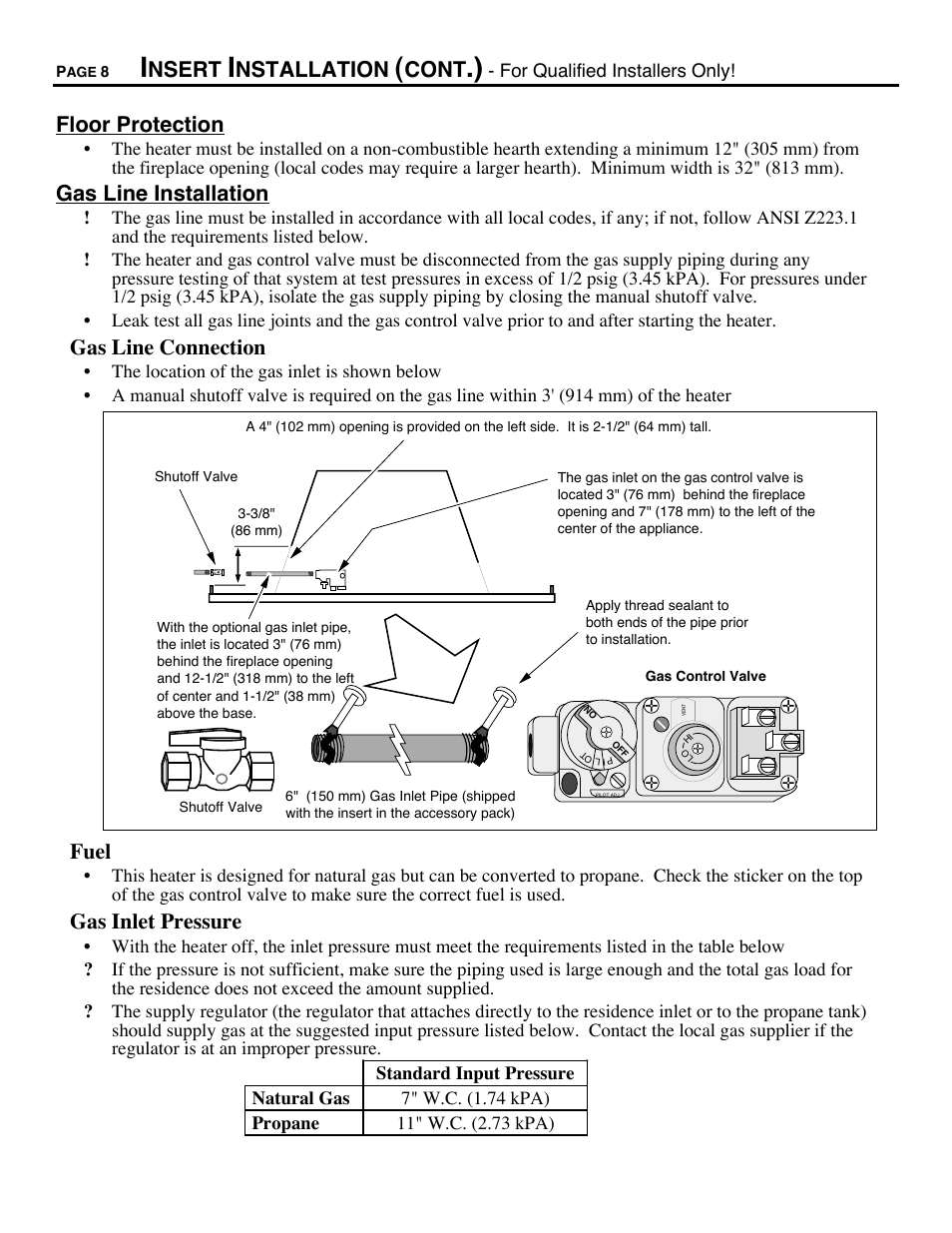 Floor protection, Gas line installation, Gas line connection | Fuel, Gas inlet pressure, Nsert, Nstallation, Cont | Avalon Firestyles DVS Insert-1996 to 2000 User Manual | Page 8 / 36