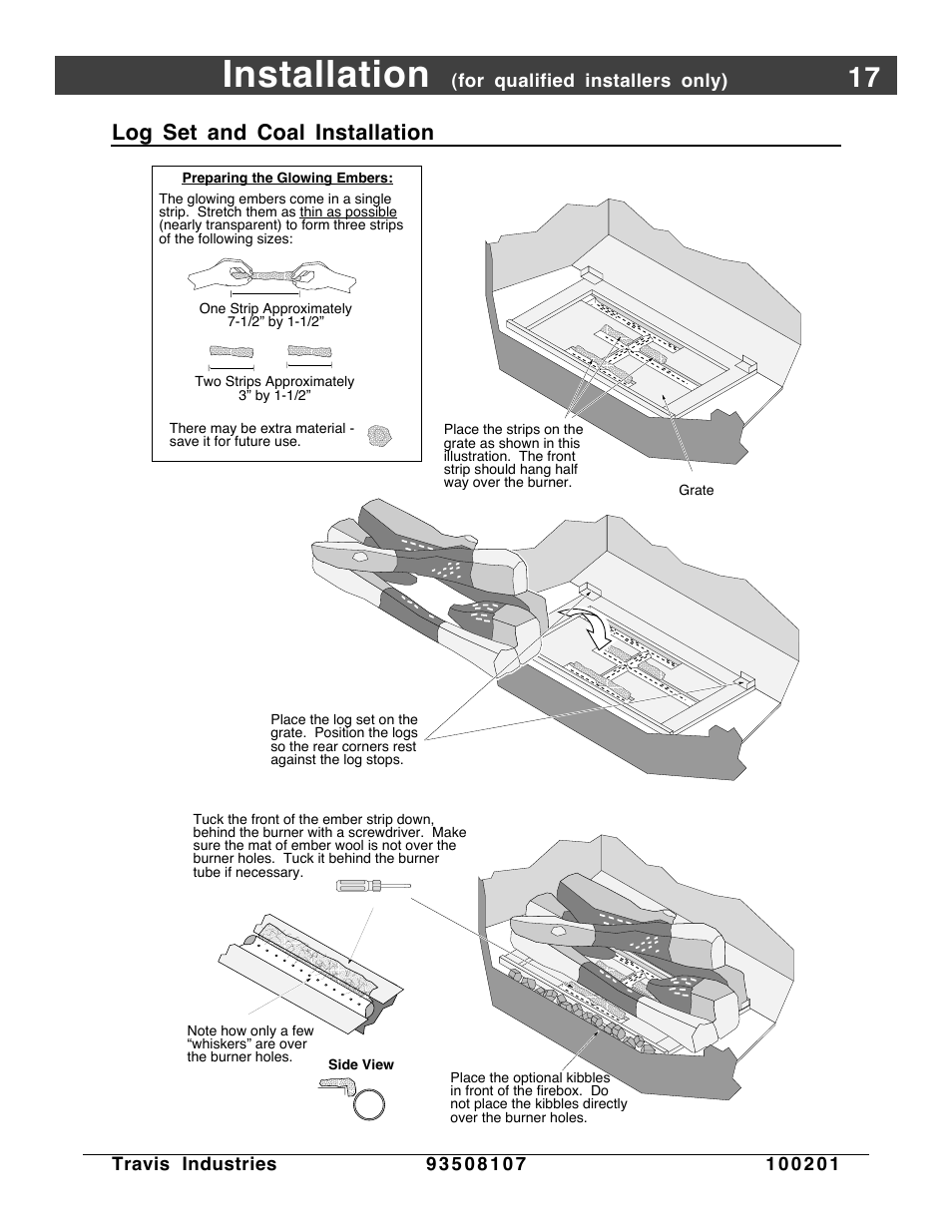 Log set, Installation, Log set and coal installation | Avalon Firestyles Salish-1999 to 2000 User Manual | Page 17 / 36