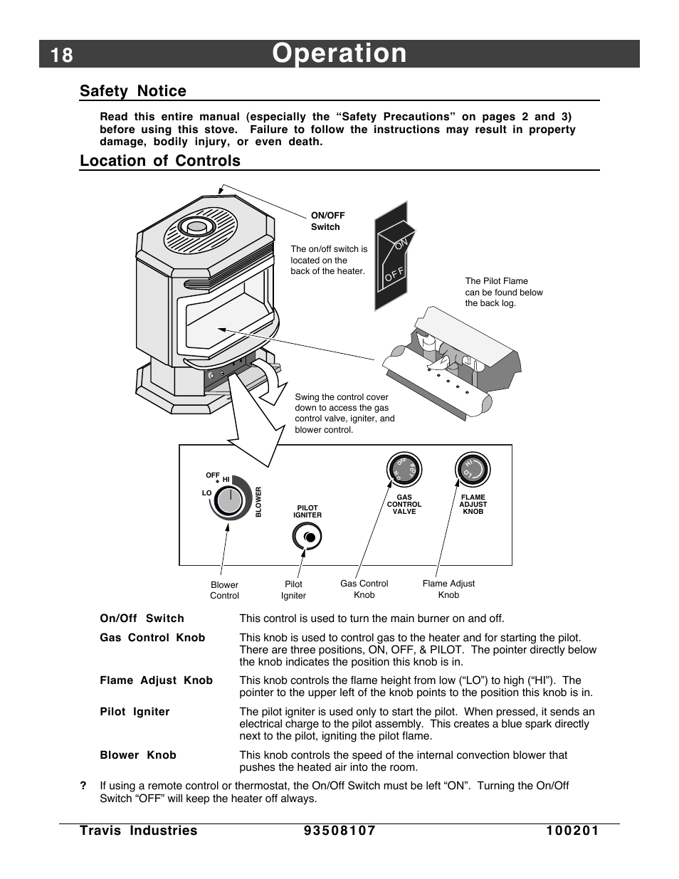 Operation, Location of controls, Safety notice | Avalon Firestyles Salish-1999 to 2000 User Manual | Page 18 / 36