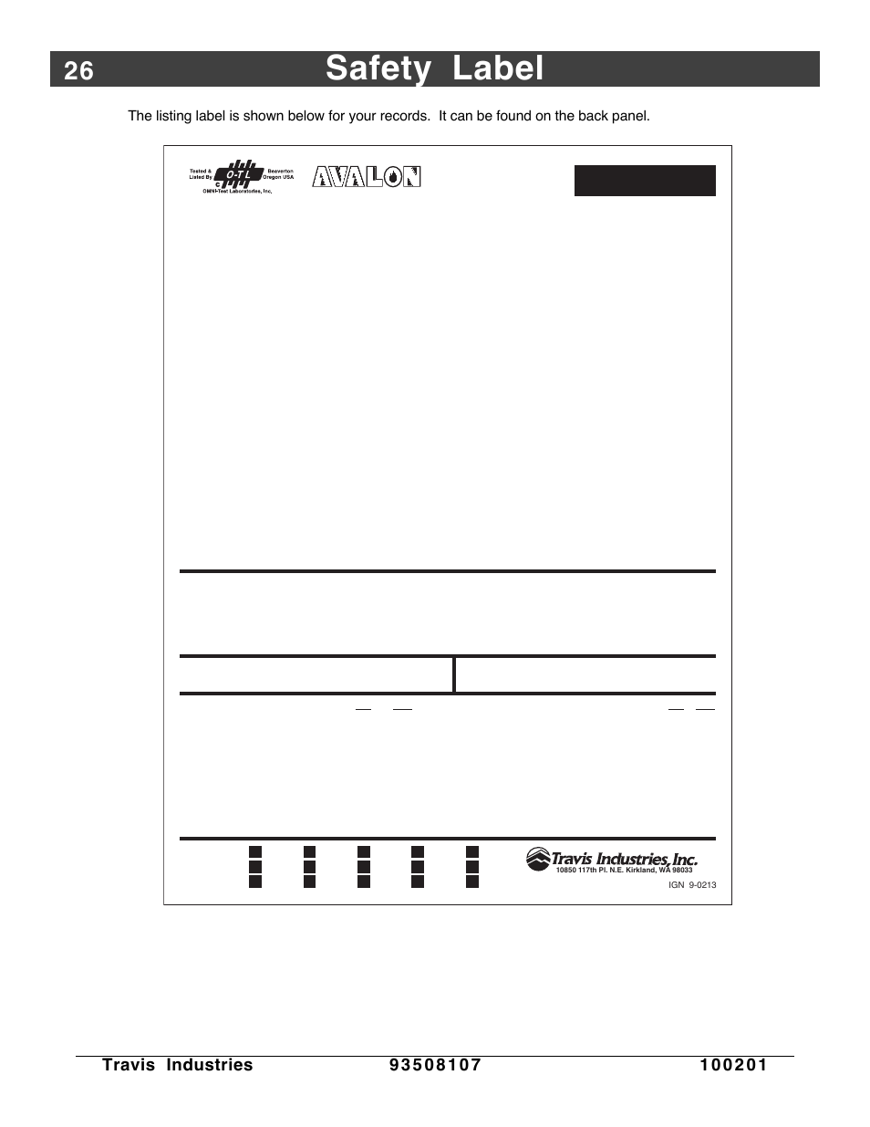 Safety label, Minimum clearances to combustibles | Avalon Firestyles Salish-1999 to 2000 User Manual | Page 26 / 36