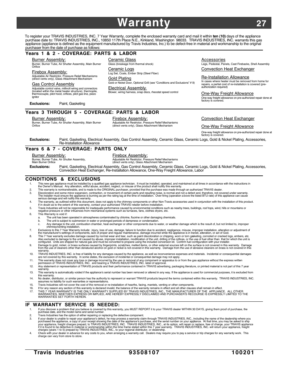 Warranty, Years 1 & 2 - coverage: parts & labor, Years 3 through 5 - coverage: parts & labor | Years 6 & 7 - coverage: parts only, Conditions & exclusions, If warranty service is needed | Avalon Firestyles Salish-1999 to 2000 User Manual | Page 27 / 36