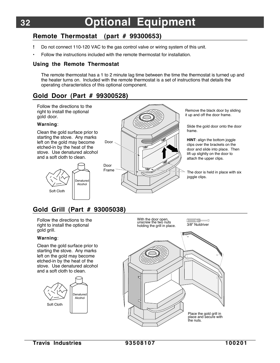 Remote thermostat, Gold door, Gold grill | Optional equipment | Avalon Firestyles Salish-1999 to 2000 User Manual | Page 32 / 36