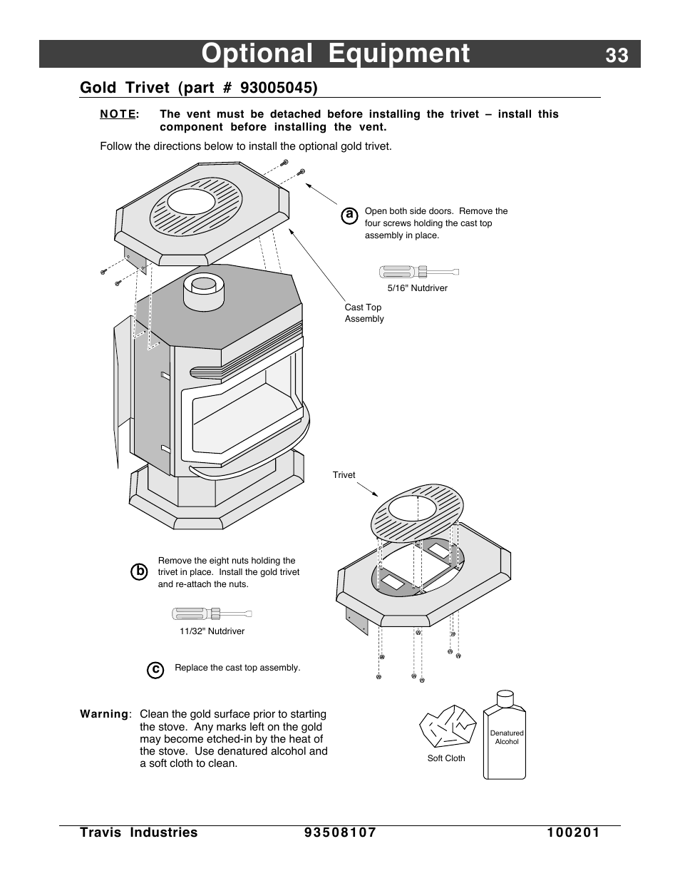 Gold trivet, Optional equipment | Avalon Firestyles Salish-1999 to 2000 User Manual | Page 33 / 36