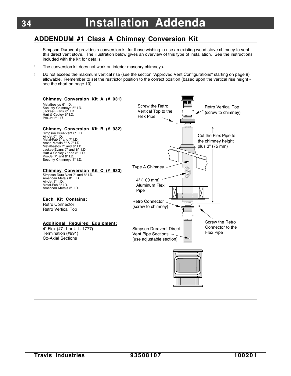 Installation addenda, Chimney conversion, Addendum #1 class a chimney conversion kit | Avalon Firestyles Salish-1999 to 2000 User Manual | Page 34 / 36