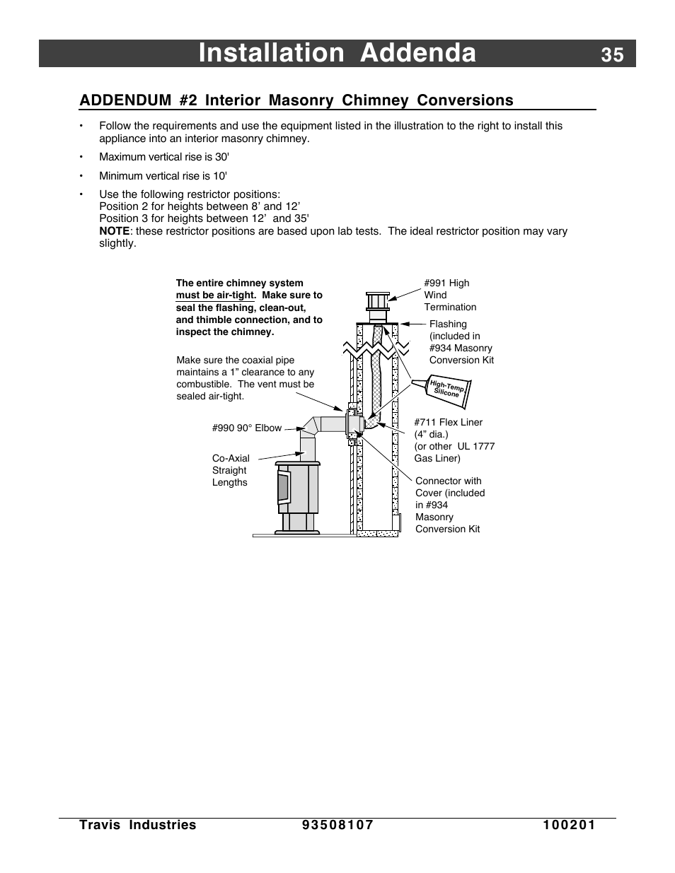 Masonry chimney conversions, Installation addenda, Addendum #2 interior masonry chimney conversions | Avalon Firestyles Salish-1999 to 2000 User Manual | Page 35 / 36