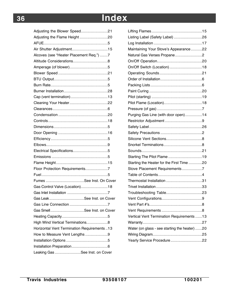 Index | Avalon Firestyles Salish-1999 to 2000 User Manual | Page 36 / 36