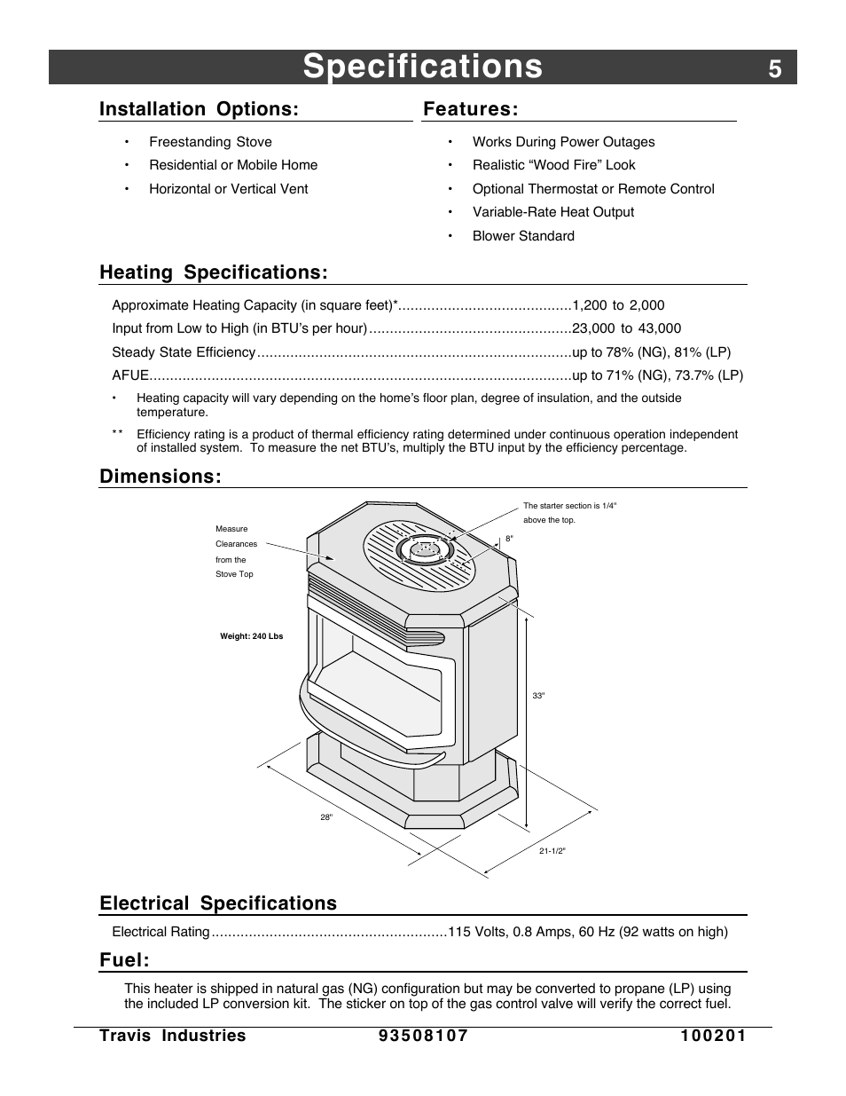 Specifications, Heating specifications, Dimensions | Installation options, Features, Electrical specifications, Fuel | Avalon Firestyles Salish-1999 to 2000 User Manual | Page 5 / 36