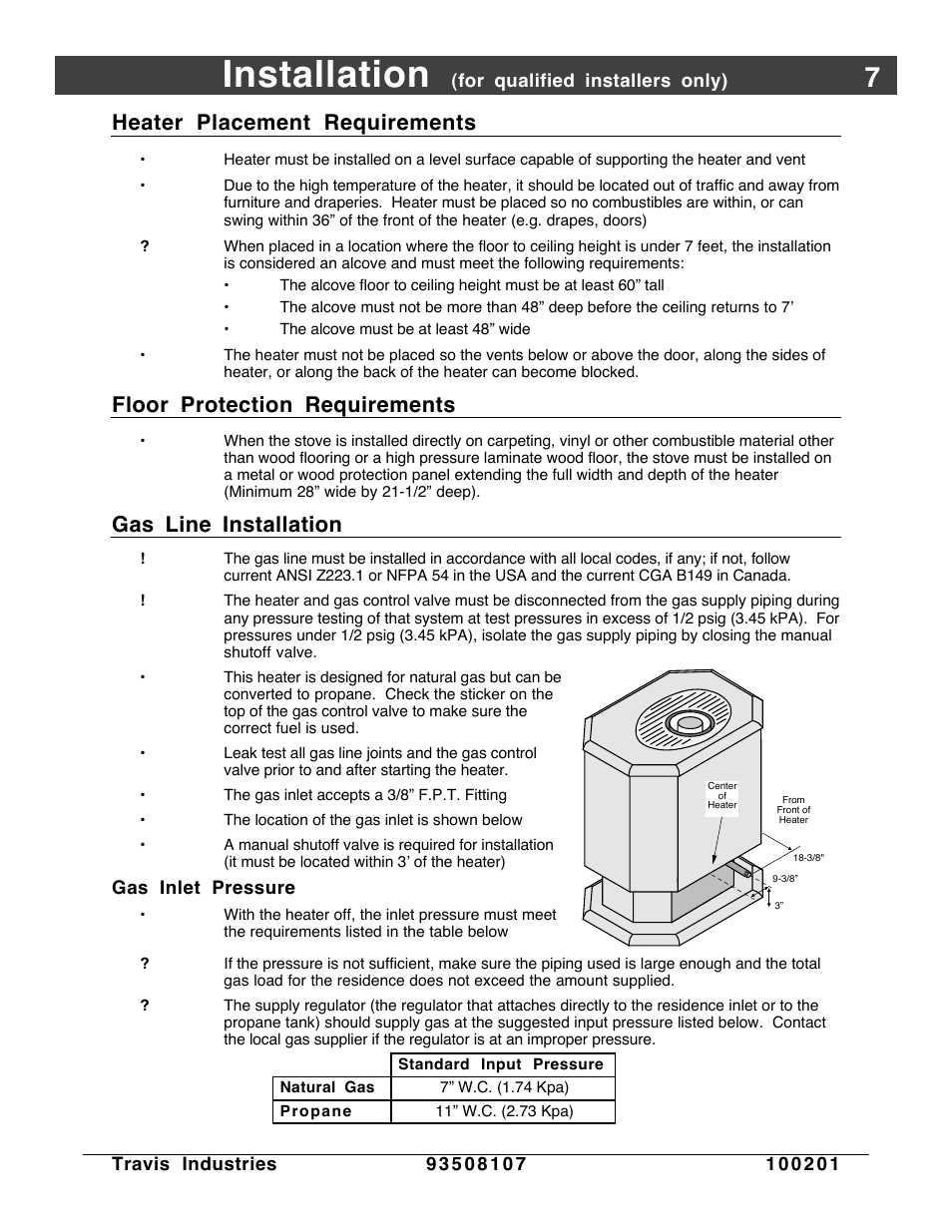 Heater placement, Floor protection, Gas line | Installation, Heater placement requirements, Floor protection requirements, Gas line installation | Avalon Firestyles Salish-1999 to 2000 User Manual | Page 7 / 36