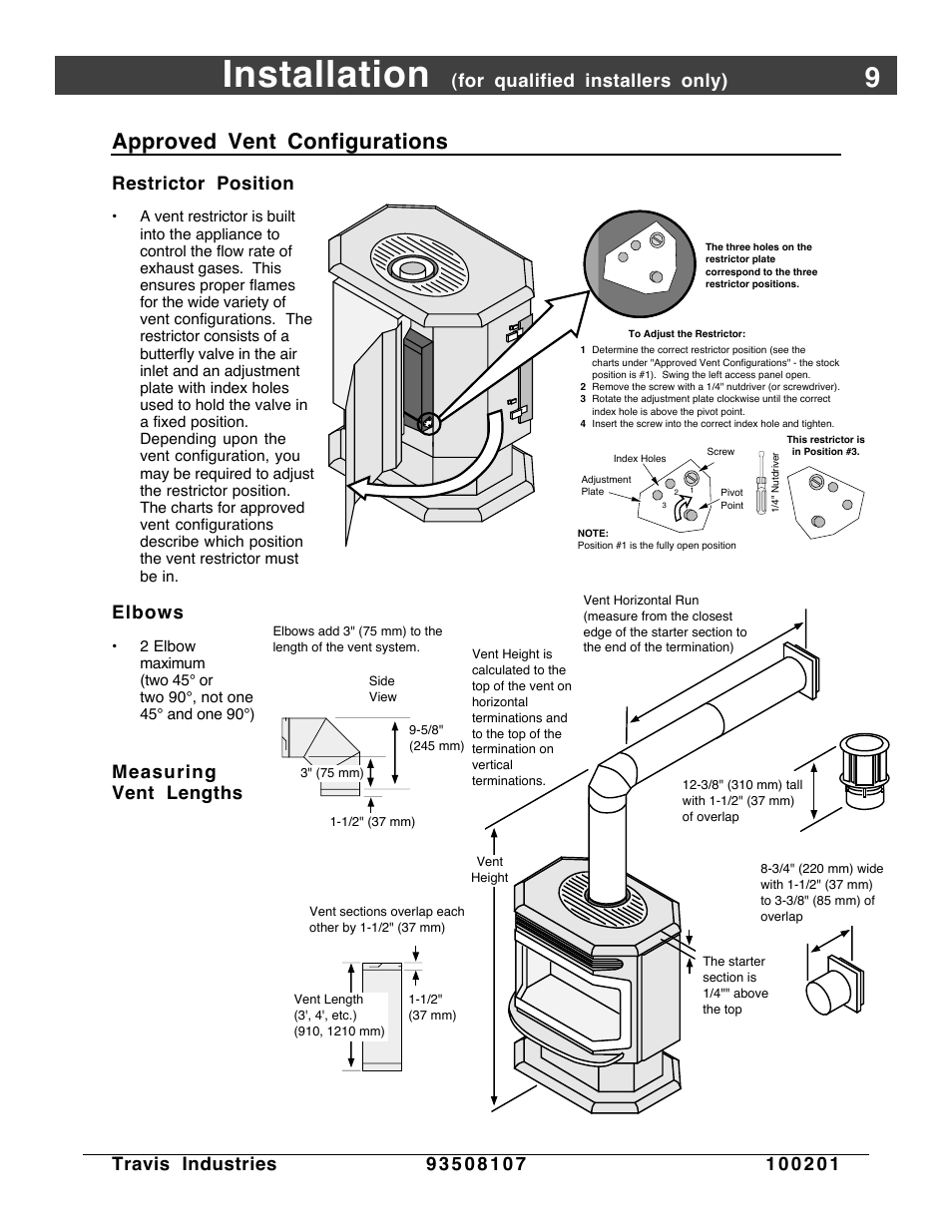 Vent configurations, Restrictor, Installation | Approved vent configurations, For qualified installers only), Restrictor position, Elbows, Measuring vent lengths | Avalon Firestyles Salish-1999 to 2000 User Manual | Page 9 / 36