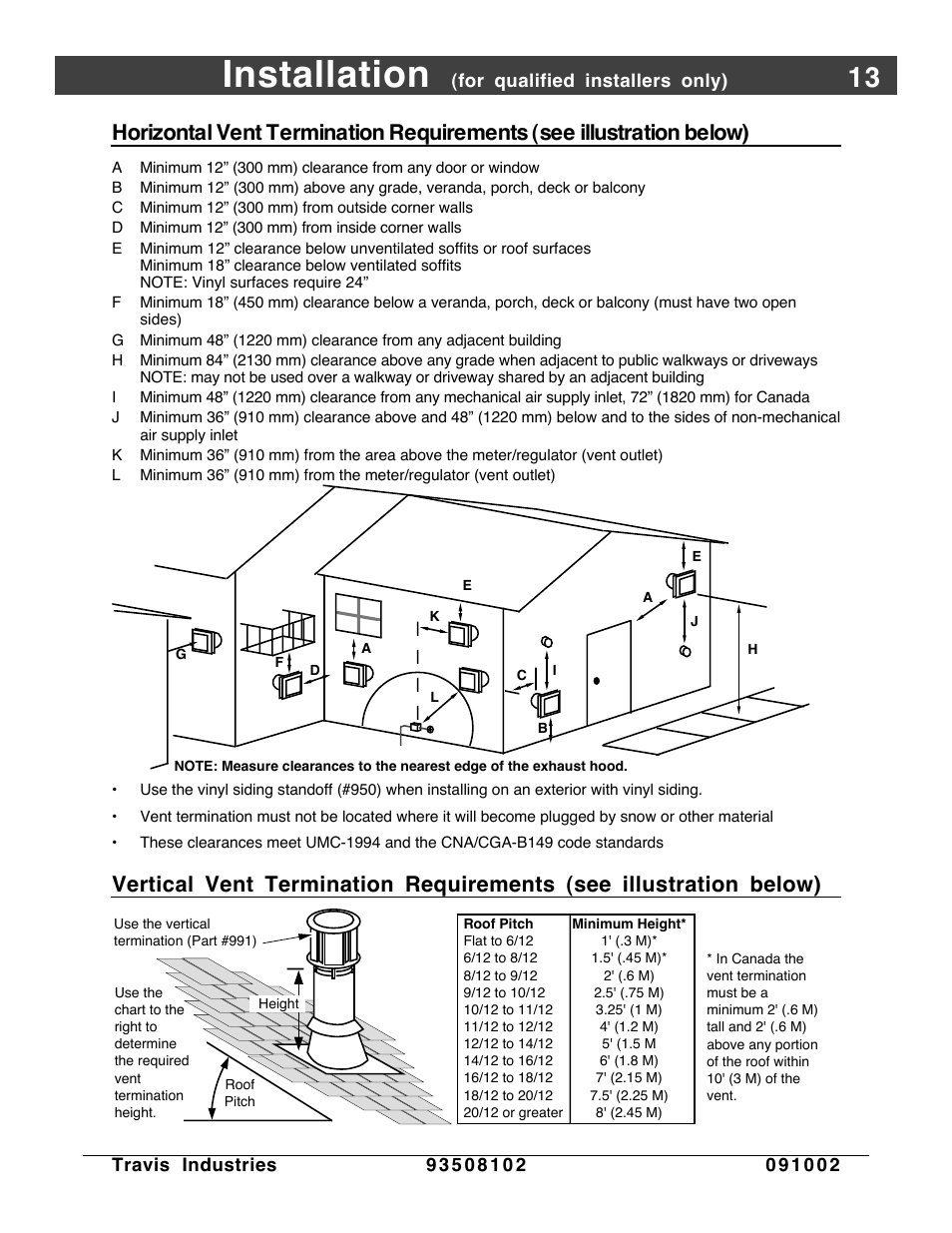 Horizontal vent termination requirements, Vertical vent termination requirements, Installation | Avalon Firestyles Vashon-1998 to 1999 User Manual | Page 13 / 40