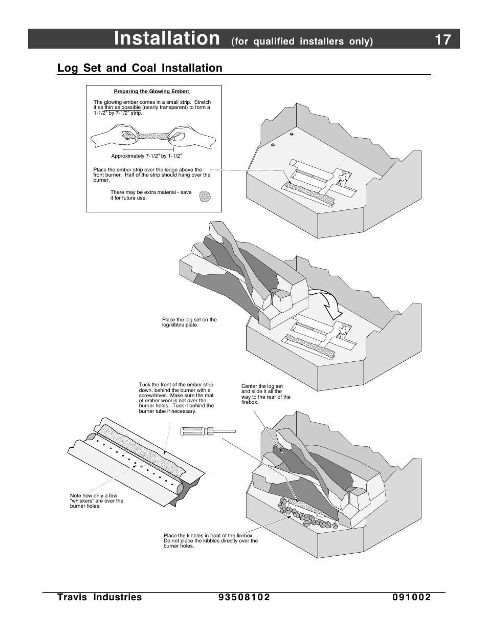 Log set and coal installation, Installation | Avalon Firestyles Vashon-1998 to 1999 User Manual | Page 17 / 40