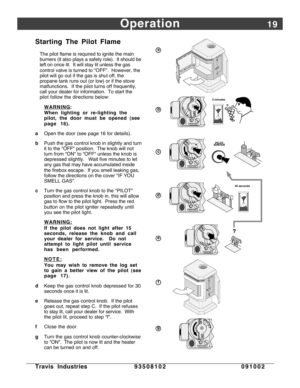 Starting the pilot flame, Operation | Avalon Firestyles Vashon-1998 to 1999 User Manual | Page 19 / 40